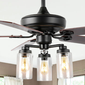 Lucas 52" Rustic Industrial Iron/Wood/Seeded Glass Mobile-App/Remote-Controlled LED Ceiling Fan - JONATHAN Y